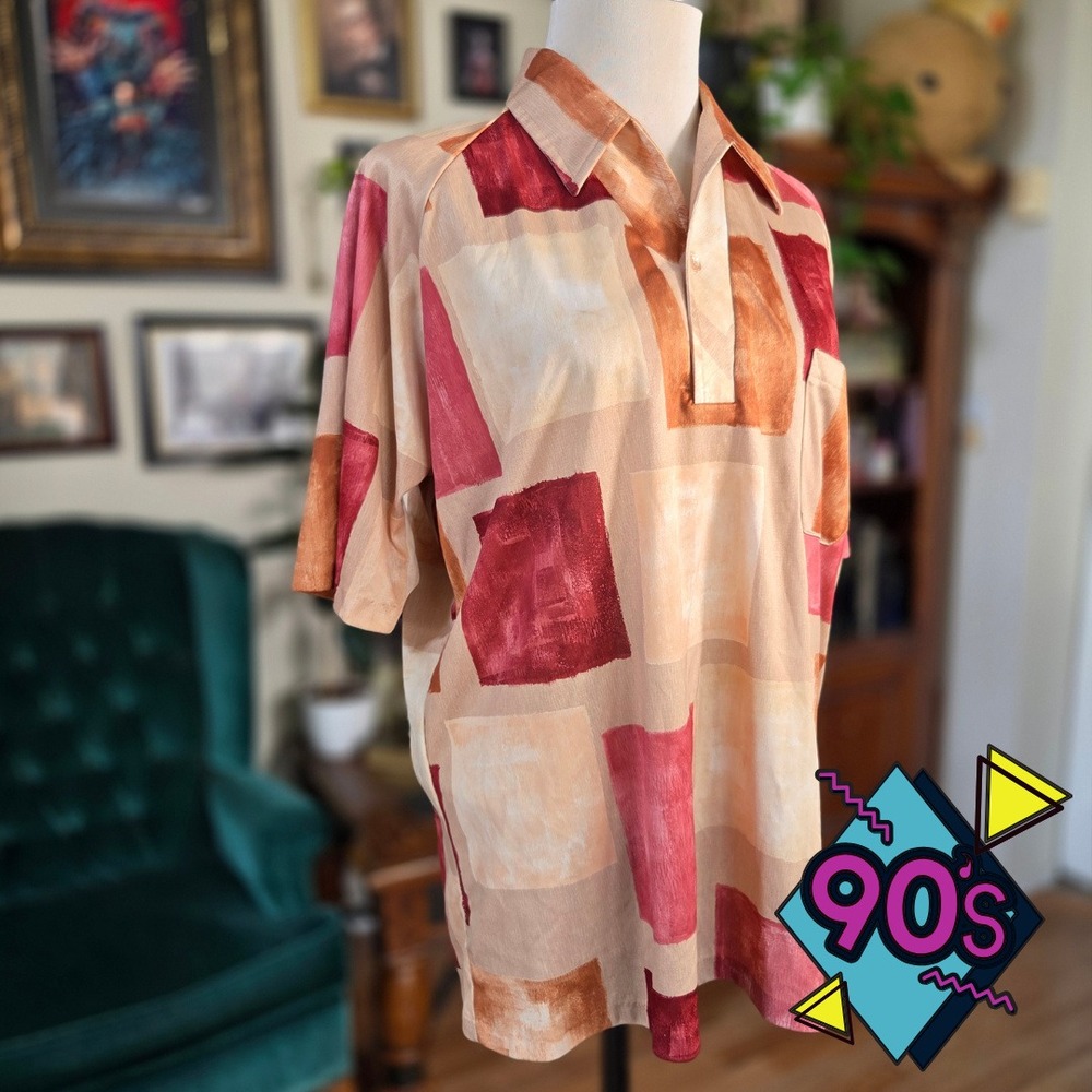 Lilly Dache Abstract Polo Shirt Vintage 90s Short Sleeve Retro Earth Tones Large